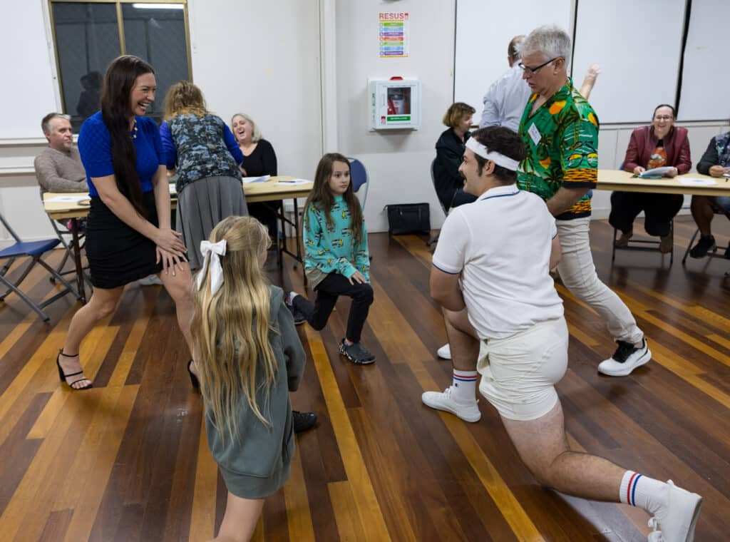 Picture: Ash and Kevie warming up with members of the audience before the action begins at Murder At The Bowlo (Credit: Creative Futures Photography)