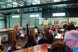 Picture (L to R): Dean Moulds (Actor) and Jordana Widt (Narrator) at Hip Hops Brewers. Image credit: Creative Futures Photography