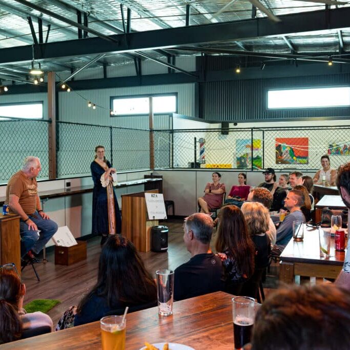 Picture (L to R): Dean Moulds (Actor) and Jordana Widt (Narrator) at Hip Hops Brewers. Image credit: Creative Futures Photography